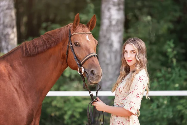 Beautiful Young Woman Elegant Lifestyle Dress Standing Her Pet Red — Stock Photo, Image