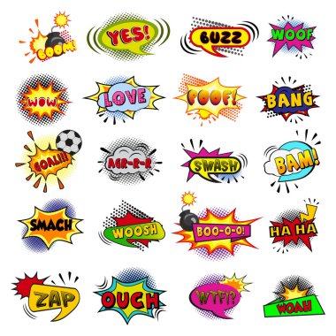 Beyaz arkaplanda çizgi roman harf koleksiyonu - Vektör illüstrasyonu