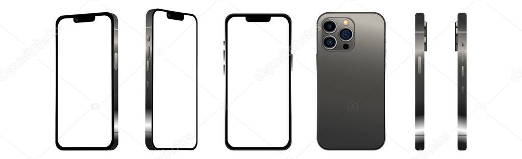Black modern smartphone mobile phone in 6 different angles on a white background - Vector illustration