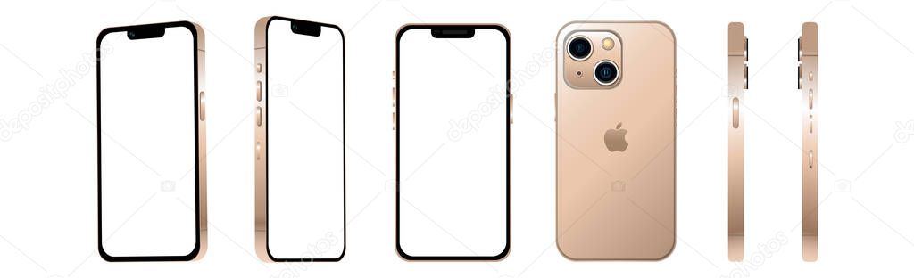 Golden modern smartphone mobile iPhone 13 MINI in 6 different angles on a white background - Vector illustration