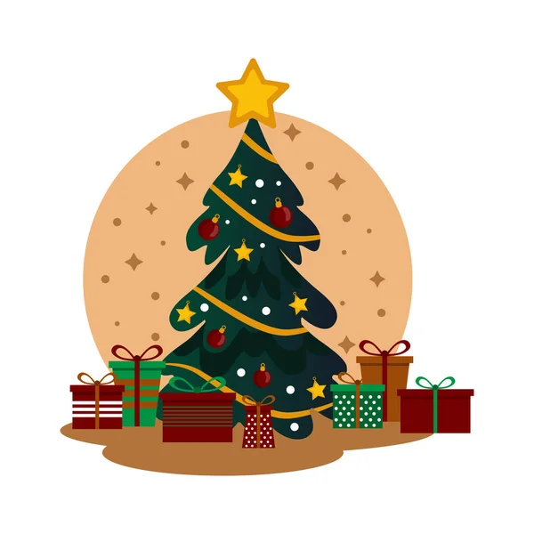 Árvore Natal Com Muitos Presentes Férias Espera Feriado Ilustração Vetorial —  Vetores de Stock
