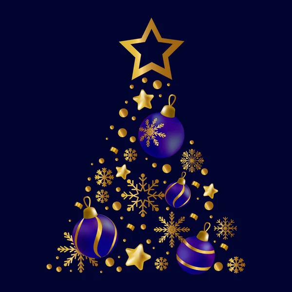 Árvore Natal Composta Por Elementos Férias Azul Cores Douradas Ilustração —  Vetores de Stock