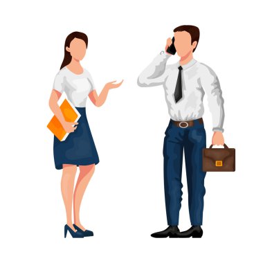 İş adamı ve iş kadını, beyaz bir arkaplan - vektör illüstrasyonunda görüşmek üzere sıkı giyinmiş.