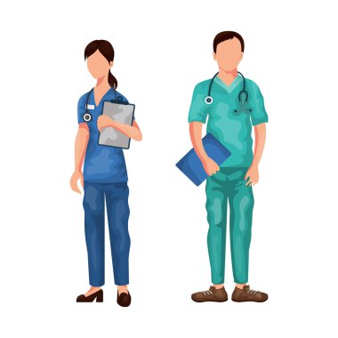 Beyaz bir zemin üzerinde erkek ve kadın doktor, hemşire veya hademe, hastalıkların ve virüslerin tedavisi - Vektör illüstrasyonu