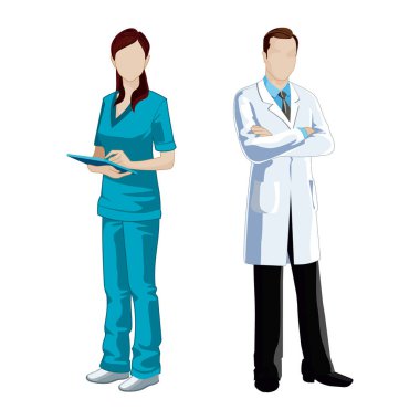 Beyaz bir zemin üzerinde erkek ve kadın doktor, hemşire veya hademe, hastalıkların ve virüslerin tedavisi - Vektör illüstrasyonu