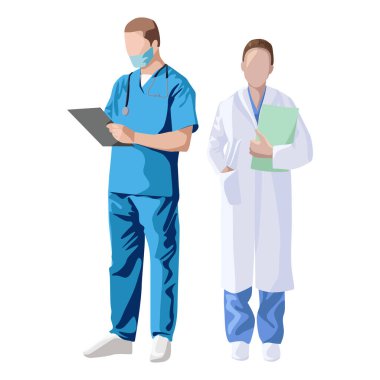 Beyaz bir zemin üzerinde erkek ve kadın doktor, hemşire veya hademe, hastalıkların ve virüslerin tedavisi - Vektör illüstrasyonu