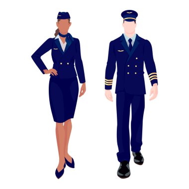 Beyaz arkaplanda üniformalı pilot ve hostes - Vektör illüstrasyonu