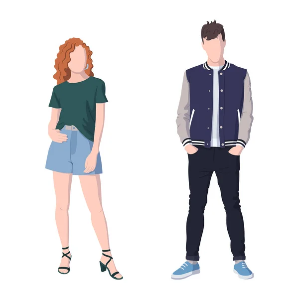 Webstilvoll Gekleidete Jungen Und Mädchen Auf Weißem Hintergrund Vector Illustration — Stockvektor