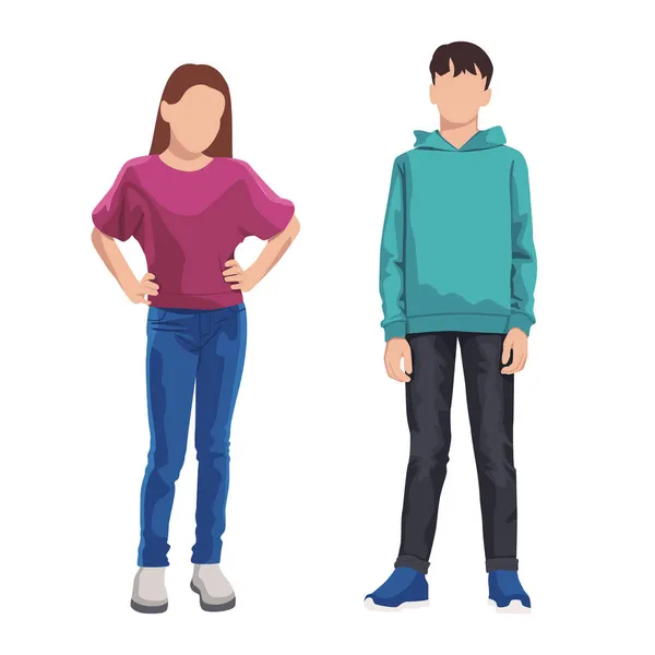 Webstilvoll Gekleidete Jungen Und Mädchen Auf Weißem Hintergrund Vector Illustration — Stockvektor