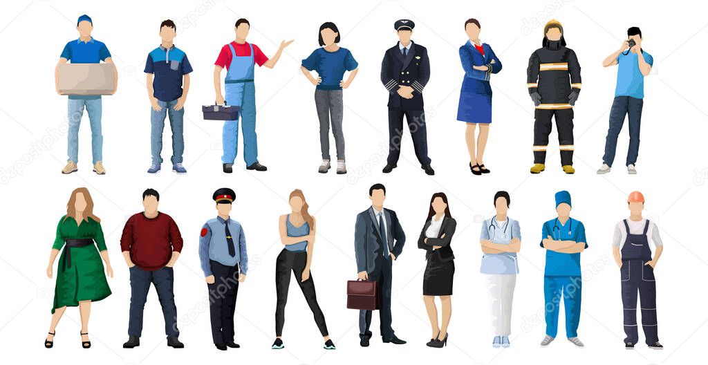 Set of 17 pcs people of different professions on a white background - Vector illustration