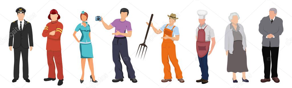 Set of 8 pcs people of different professions on a white background - Vector illustration