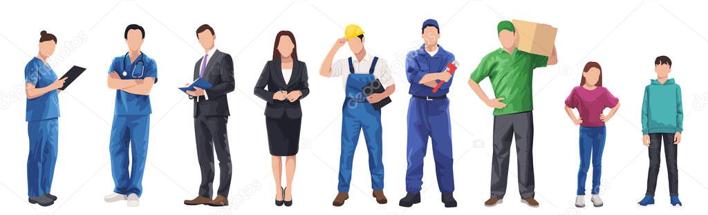 Set of 9 pcs people of different professions on a white background - Vector illustration