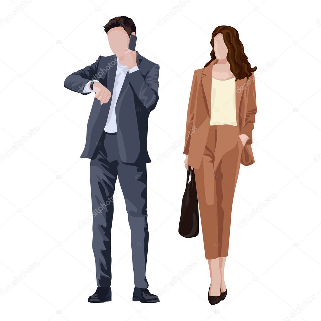 Businessman and businesswoman in strict clothes for negotiations on a white background - Vector illustration