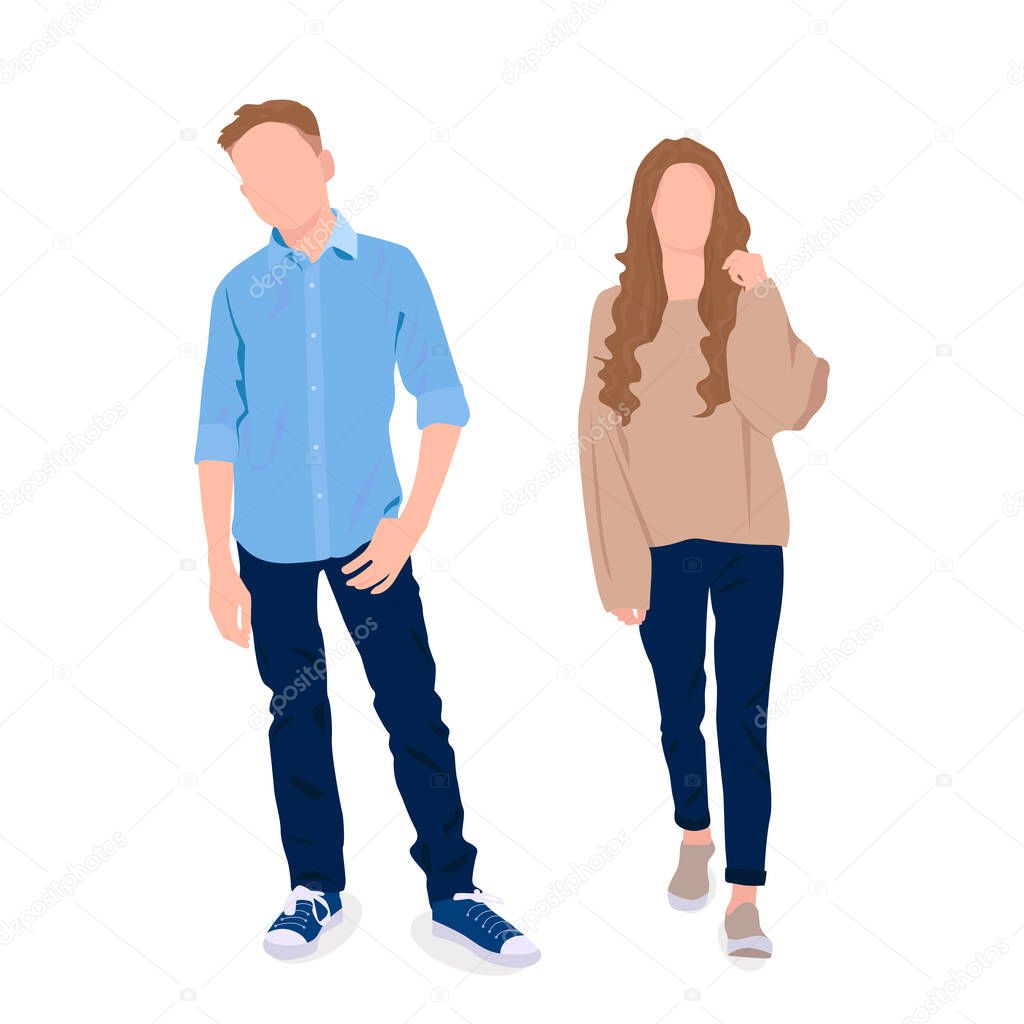 Stylishly dressed boy and teenage girl on a white background - Vector illustration