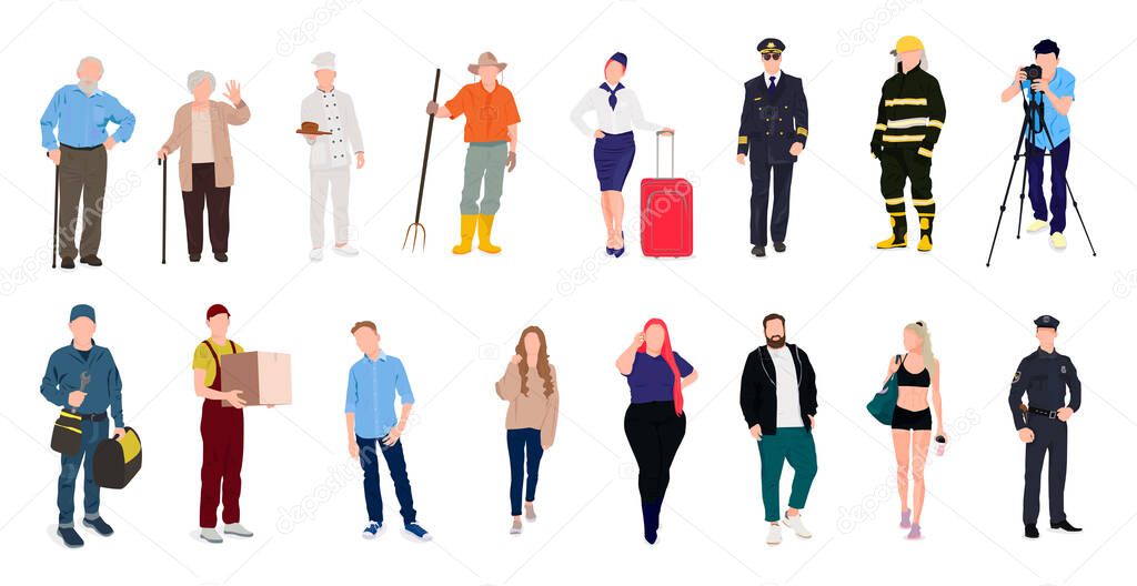 Set of 16 pcs people of different professions on a white background - Vector illustration