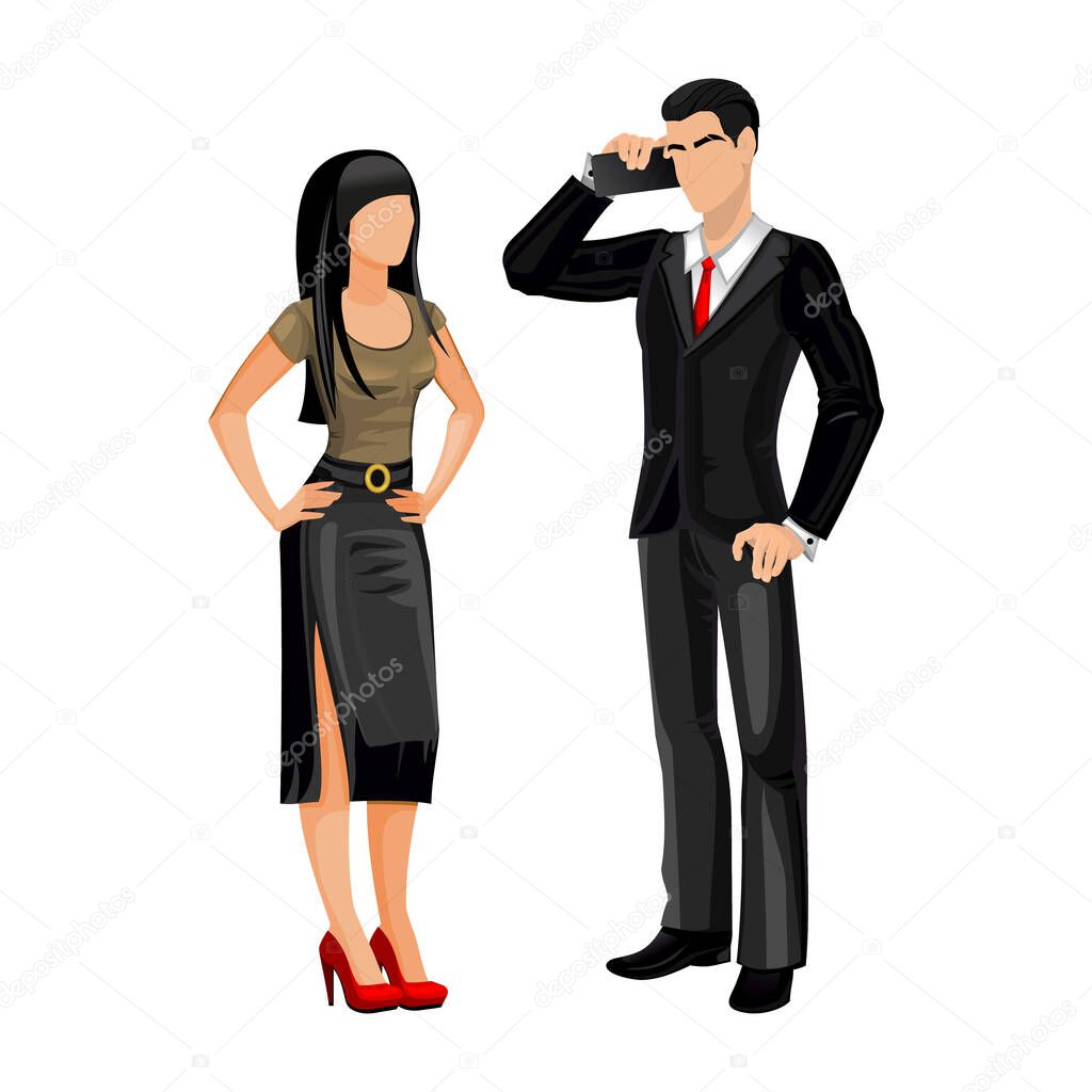 Businessman and businesswoman in strict clothes for negotiations on a white background - Vector illustration