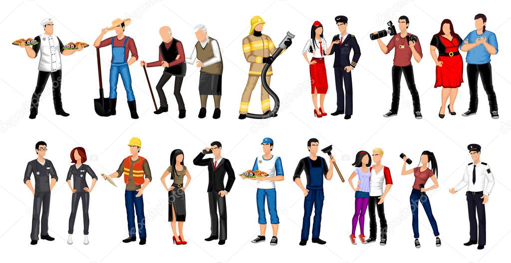Set of 21 pcs people of different professions on a white background - Vector illustration