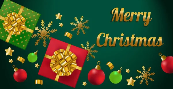 ホリデーとメリークリスマスで新年の挨拶 贈り物と緑の背景 ベクトルイラスト — ストックベクタ