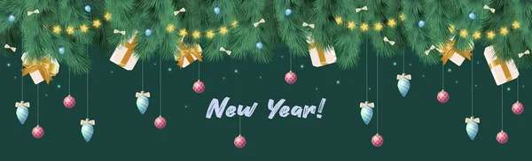 Branches Noël Avec Des Boules Des Guirlandes Festives Bonne Année — Image vectorielle