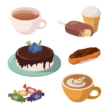 Beyaz arkaplanda çeşitli tatlılar - Vektör illüstrasyonu