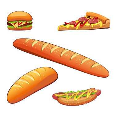 Beyaz arkaplanda bir dizi ekmek ürünü - illüstrasyon