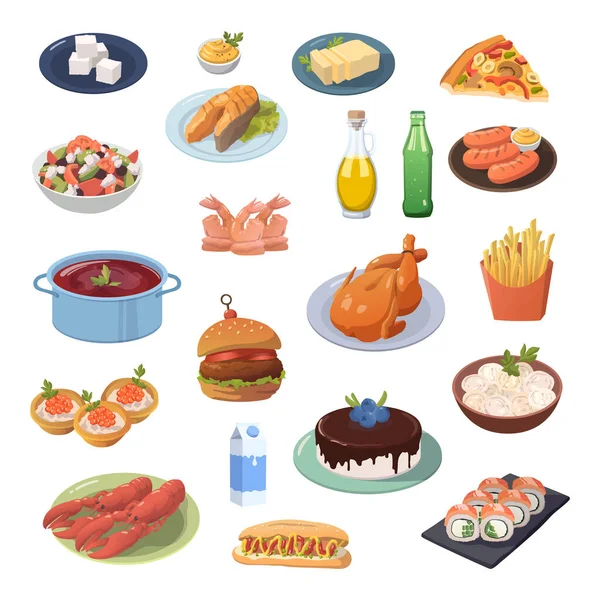 Conjunto Alimentos Diferentes Sobre Fondo Blanco Ilustración — Archivo Imágenes Vectoriales