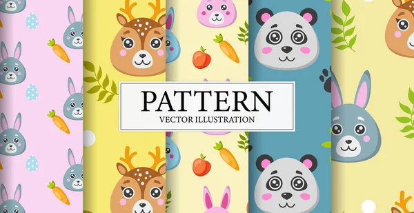 Set Different Animal Face Patterns Vector Illustration — Vetor de Stock