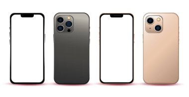 Beyaz arka plan siyah ve altın renkli cep telefonlarıyla gerçekçi bir model - Vektör