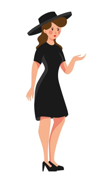 Стильно Одетая Молодая Женщина Черном Платье Большой Шляпе Векторная Иллюстрация — стоковый вектор