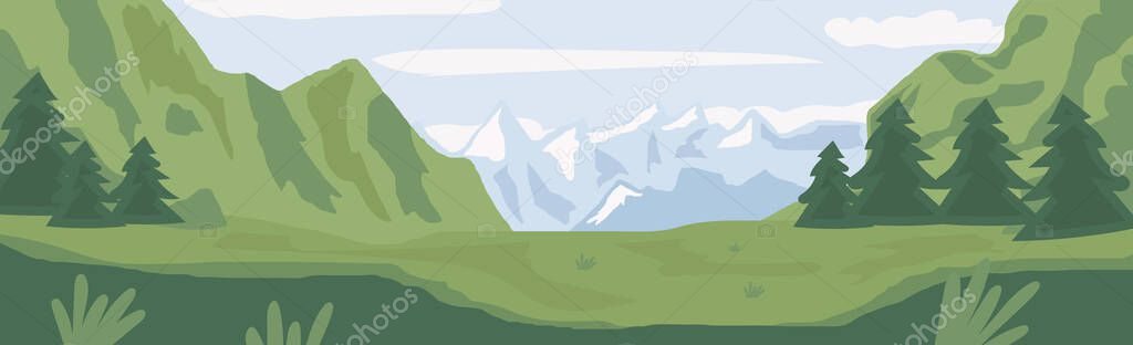 Panoramic realistic bright mountain forest landscape - Vector illustration