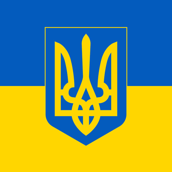The official coat of arms of the independent country of Ukraine on the background of the flag - Vector illustration