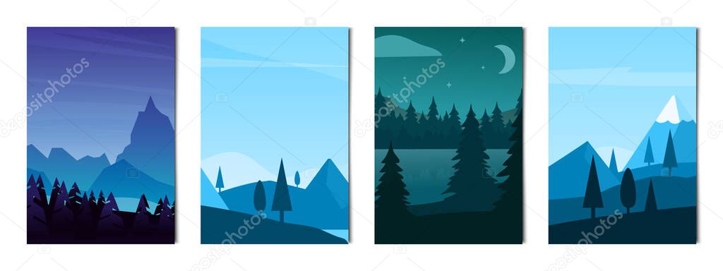 Set of 4 pcs landscapes of mountains and forests - Vector illustration