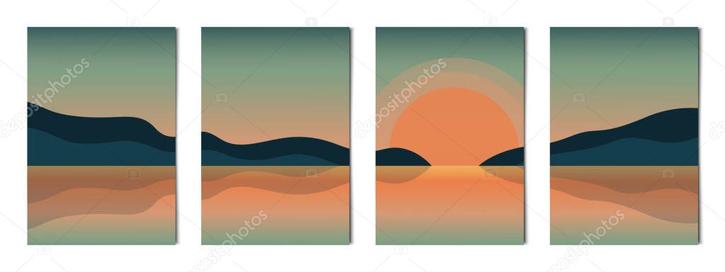 Set of 4 night scenery of mountains and lake - Vector illustration