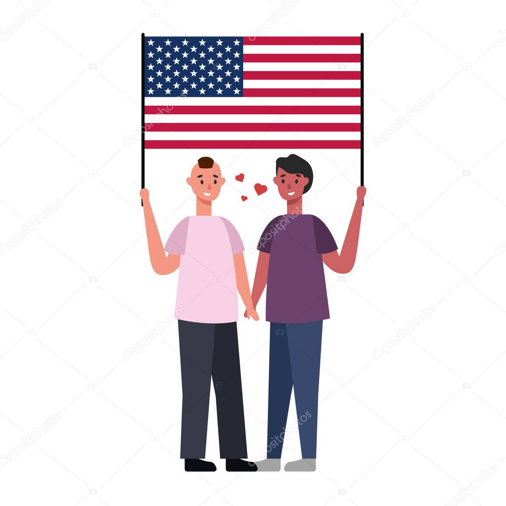 LGBT family with USA flag, two men white background - Vector illustration