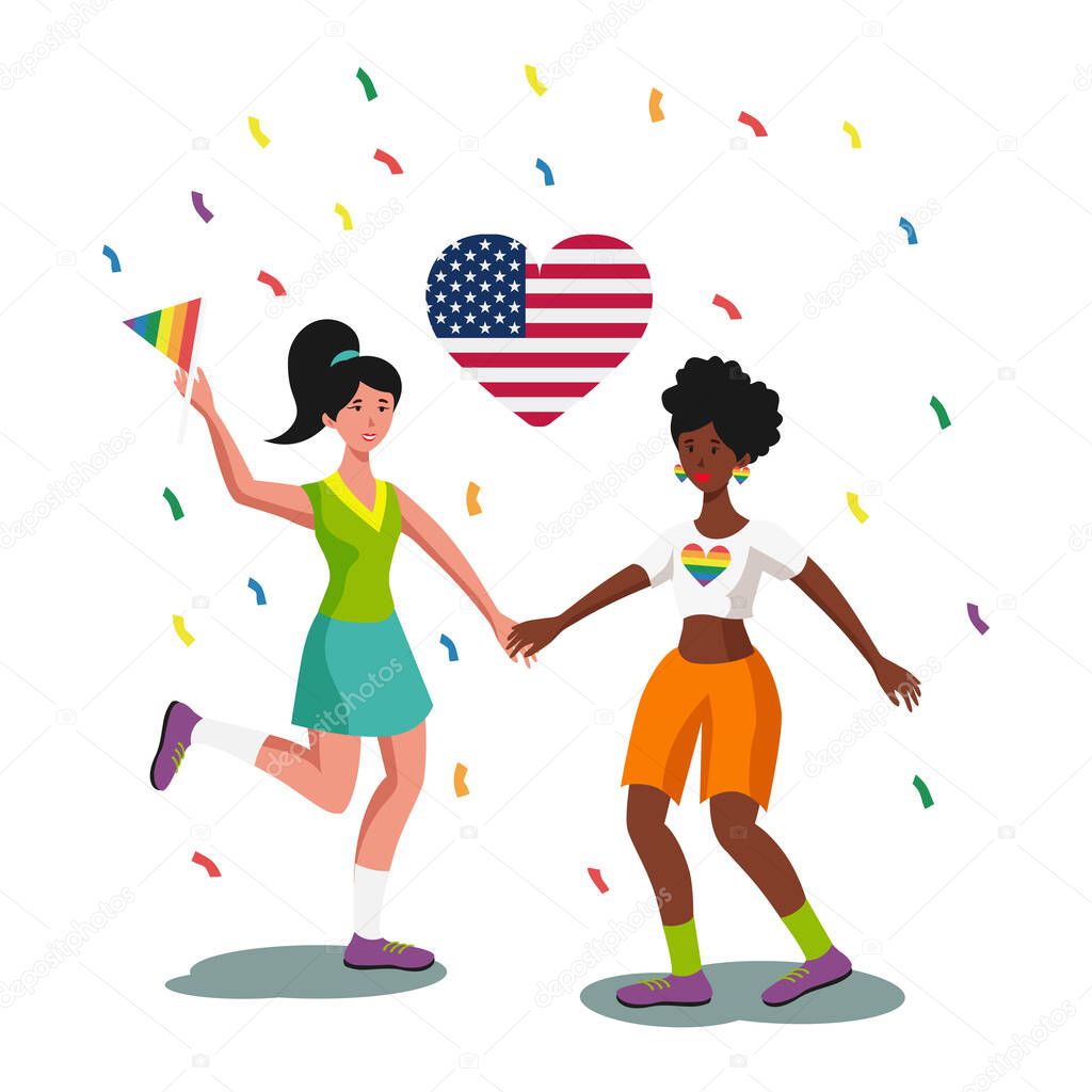 LGBT family on the background of the USA flag, two women holding hands white background - Vector illustration