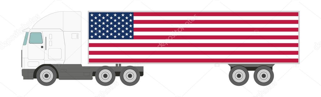 Truck with US flag trailer on white background - Vector illustration