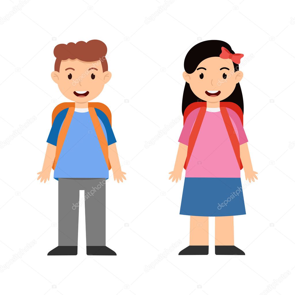 Schoolboy and schoolgirl with school backpacks on a white background - Vector illustration