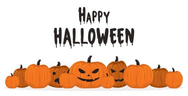 Beyaz arka planda turuncu balkabaklarının Cadılar Bayramı selamlaması - Vektör çizimi