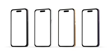 Yenilik, akıllı telefon için modern aygıt 14 profesyonel versiyon, 4 parçadan oluşan set, yeni orijinal renkler, beyaz arkaplanda web tasarımı şablonu - Vektör ilülasyonu