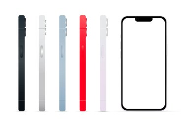 Yenilik, akıllı telefon sürüm 14 için modern aygıt, 5 parçadan oluşan set, yeni orijinal renkler, beyaz arkaplanda web tasarımı şablonu - Vektör çizimi
