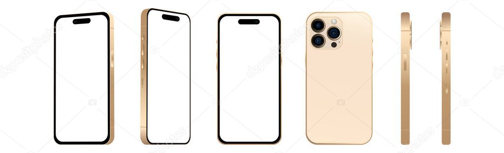 Set of 6 pcs different angles, Golden smartphone 14 PRO models, novelty of the IT industry, mockup for web design on a white background - Vector illustration