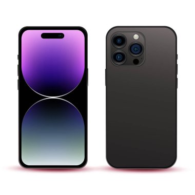 Siyah akıllı telefon, model telefon 14 PRO, yeni bilişim endüstrisi, orijinal duvar kağıdı, beyaz arka planda web tasarımı için model - Vektör illüstrasyonu