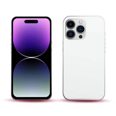 Beyaz akıllı telefon, model telefon 14 PRO, bilişim endüstrisi yeniliği, orijinal duvar kağıdı, beyaz arka planda web tasarımı için model - Vektör illüstrasyon