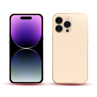 Altın akıllı telefon, model telefon 14 PRO, bilişim endüstrisi yeniliği, orijinal duvar kağıdı, beyaz arka planda web tasarımı için model - Vektör illüstrasyon