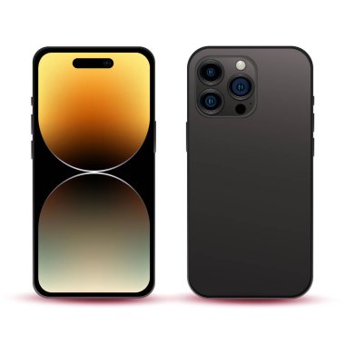 Siyah akıllı telefon, model telefon 14 PRO, yeni bilişim endüstrisi, orijinal duvar kağıdı, beyaz arka planda web tasarımı için model - Vektör illüstrasyonu