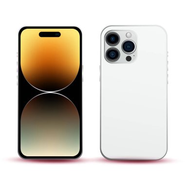 Beyaz akıllı telefon, model telefon 14 PRO, bilişim endüstrisi yeniliği, orijinal duvar kağıdı, beyaz arka planda web tasarımı için model - Vektör illüstrasyon
