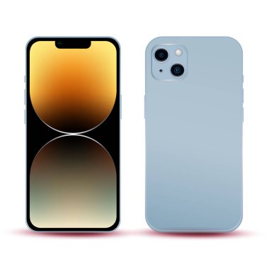 Mavi akıllı telefon, model telefon 14, bilişim endüstrisi yeniliği, orijinal duvar kağıdı, beyaz arka planda web tasarımı için maket - Vektör illüstrasyonu