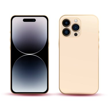 Altın akıllı telefon, model telefon 14 PRO, bilişim endüstrisi yeniliği, orijinal duvar kağıdı, beyaz arka planda web tasarımı için model - Vektör illüstrasyon