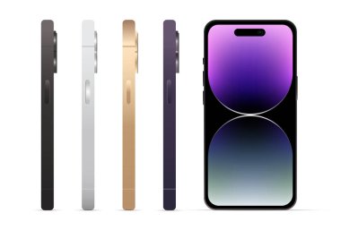 Yenilik, akıllı telefon için modern aygıt 14 profesyonel versiyon, 4 parçadan oluşan set, yeni orijinal renkler, beyaz arkaplanda web tasarımı şablonu - Vektör ilülasyonu