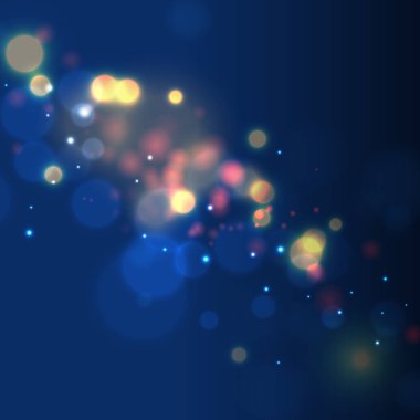 Odaklanamayan daireler ve parıltılarla soyut mavi bokeh arkaplan. Noel ve Yeni Yıl tatili için dekorasyon unsuru, tebrik kartları, web afişleri, posterler - Vektör illüstrasyonu